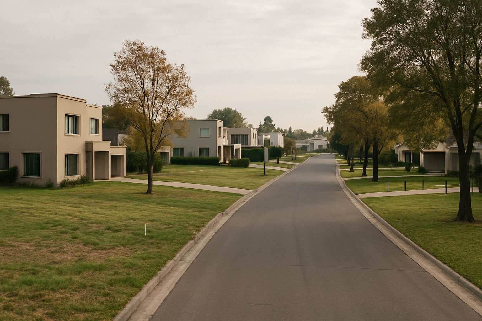 Lotes sin construir junto a viviendas y una calle interna de un barrio cerrado del Gran Buenos Aires.